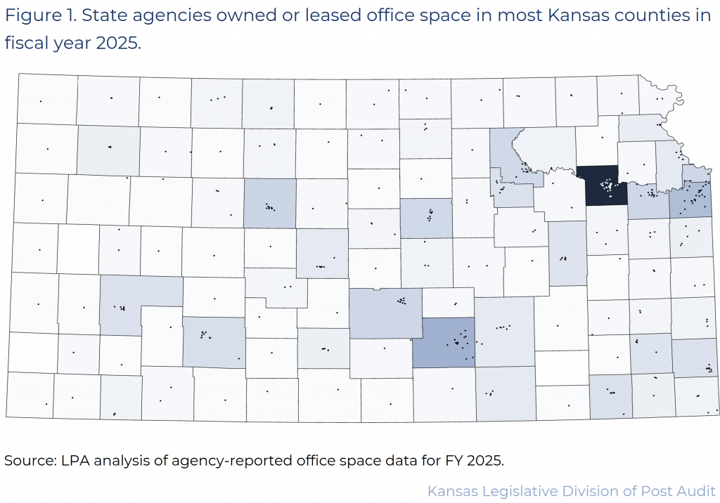 Figure 1. State agencies owned or leased office space in most Kansas counties in fiscal year 2025. 